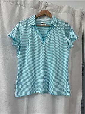 Izod  Golf Aqua and White Striped V-Neck Polo Top